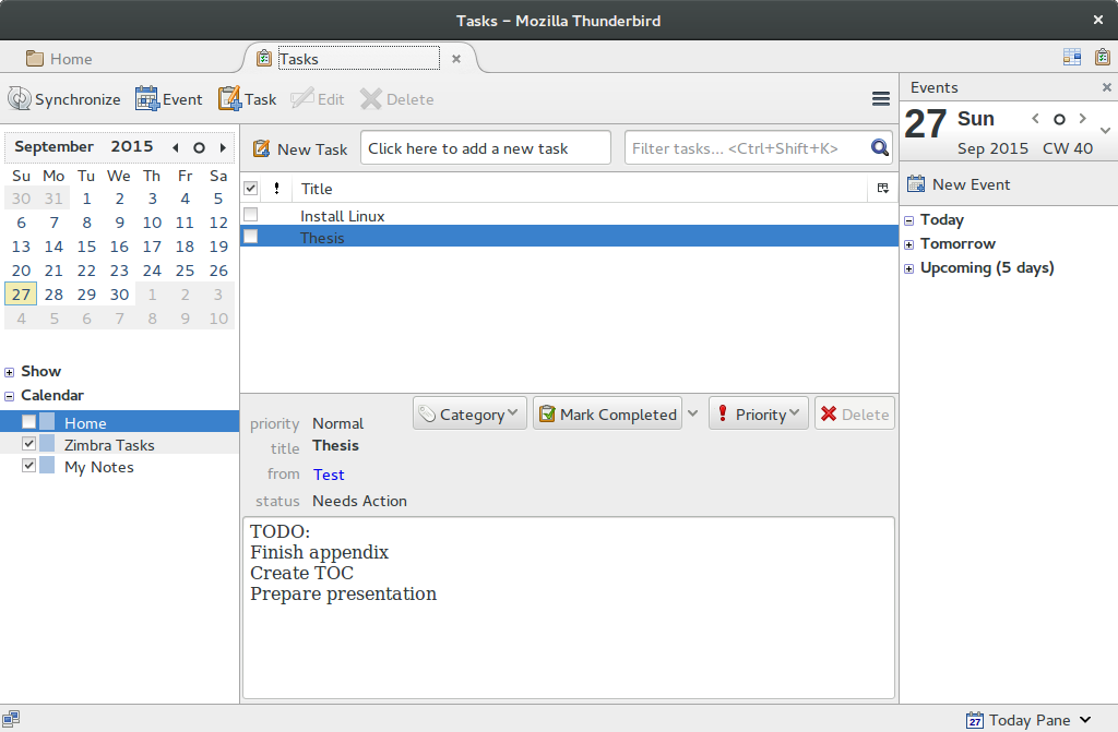 Thunderbird task overview